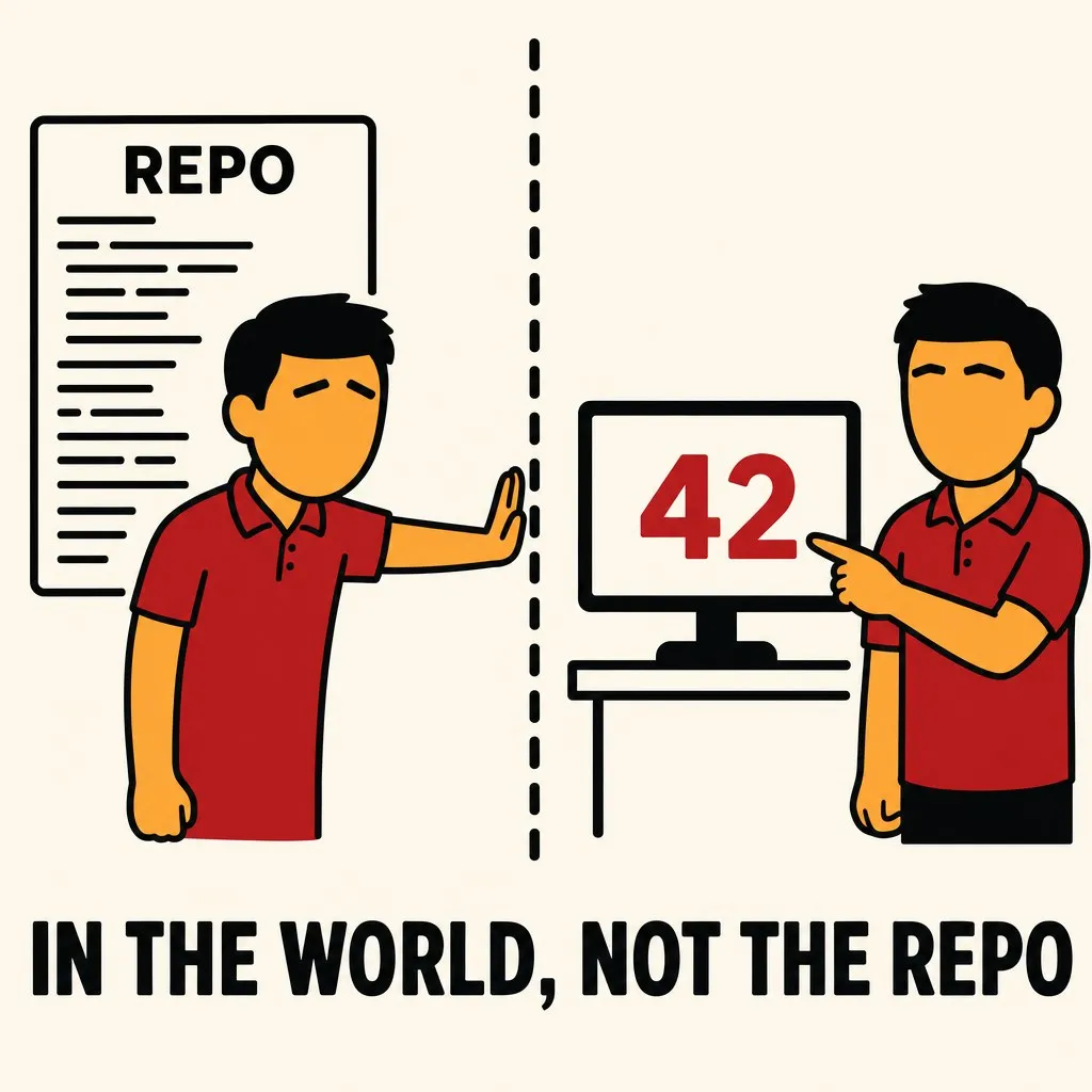 Flat illustration in the same flat avatar logo style as the rest of the site: warm cream background, bold black outlines, deep red and warm orange palette. A tall dashed vertical line splits the scene. On the left, a box labeled REPO filled with short horizontal lines representing code, and an agent avatar beside it reaching toward the dashed line but unable to cross. On the right, the real world: a computer monitor displaying one bold red number, with an operator avatar standing beside it pointing at the figure. A caption reads IN THE WORLD, NOT THE REPO.