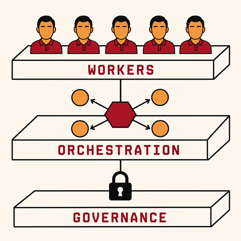 Flat illustration in the same style as the site logo: warm cream background, bold black outlines, limited red and orange palette. Three rectangular platforms stacked vertically with vertical lines connecting them. Top platform labeled WORKERS holds a row of five identical worker figures. Middle platform labeled ORCHESTRATION shows a central hexagonal node connected by arrows to four smaller circular nodes around it. Bottom platform labeled GOVERNANCE shows a single centered black padlock icon. The three layers visualize the platform infrastructure cattle operations require.