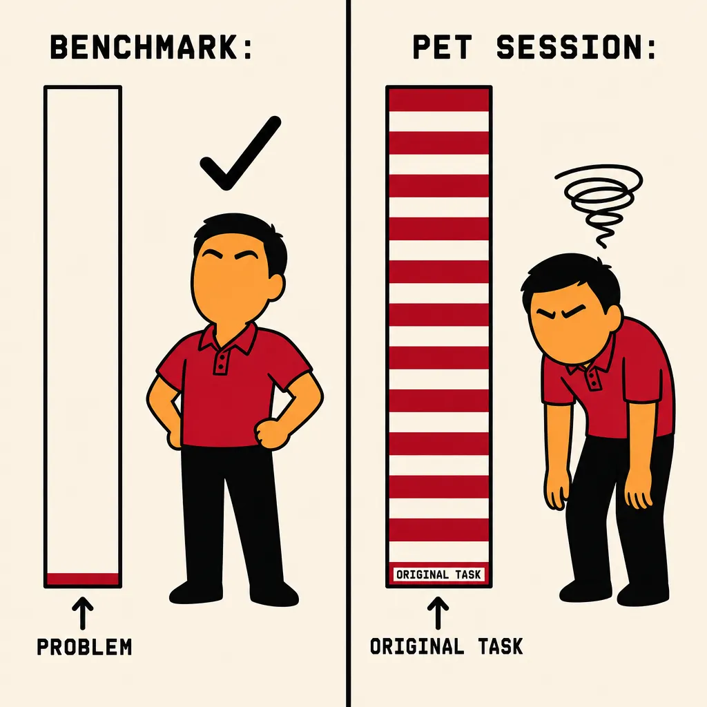 Flat illustration in the same bold graphic style as the rest of the site: warm cream background, bold black outlines, deep red and warm orange palette. Two panels divided by a bold vertical black line. Left panel labeled BENCHMARK: a nearly empty context window rectangle with only a tiny crimson sliver at the bottom labeled PROBLEM, and a worker figure with a checkmark indicating success. Right panel labeled PET SESSION: the same rectangle now packed with alternating cream and crimson horizontal bands, with ORIGINAL TASK barely visible at the bottom buried under accumulated context. The same worker figure stands beside it looking overwhelmed, with a swirl above their head.