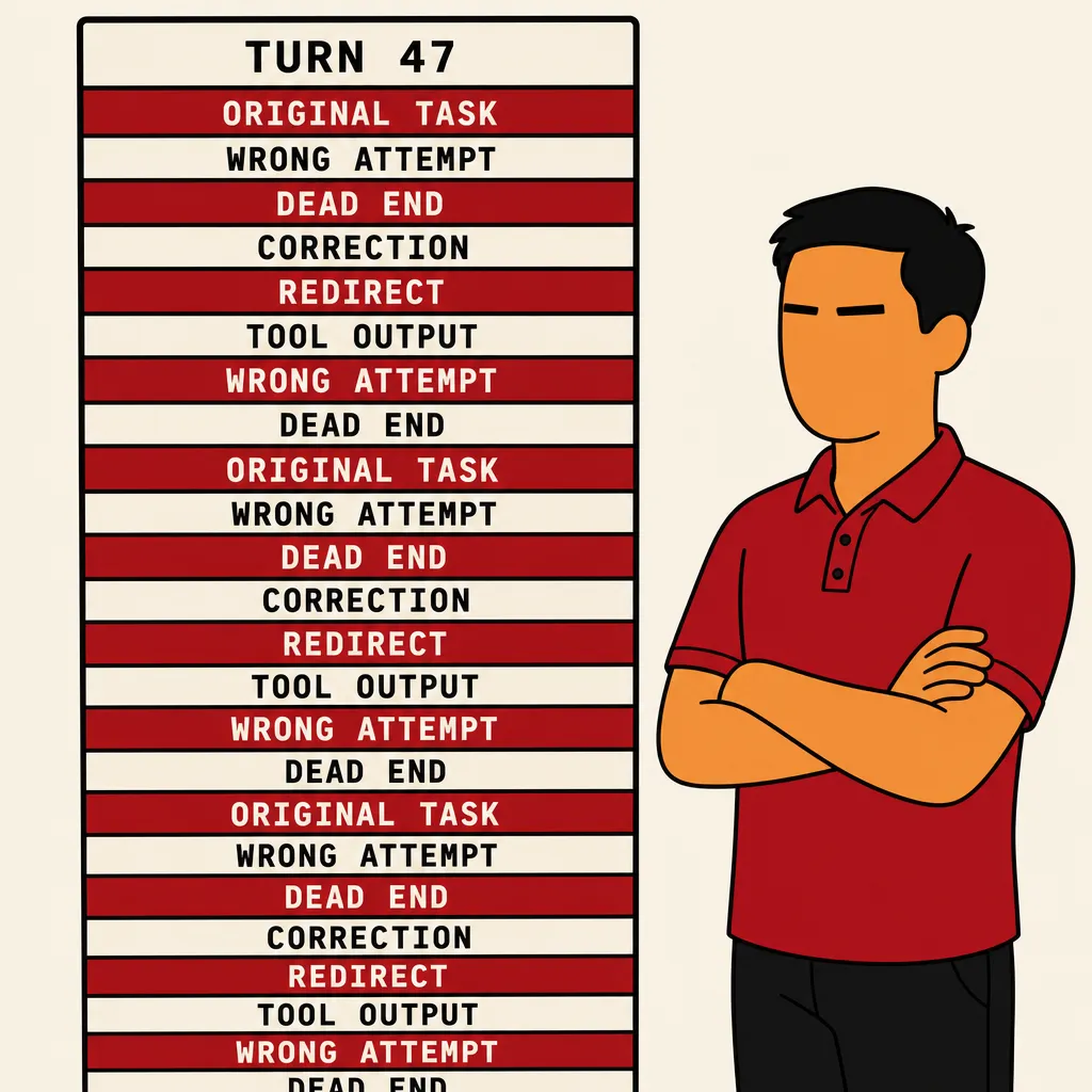 Flat illustration in the same bold graphic style as the rest of the site: warm cream background, bold black outlines, deep red and warm orange palette. A single tall context window rectangle packed top-to-bottom with horizontal bands labeled ORIGINAL TASK, WRONG ATTEMPT, DEAD END, CORRECTION, REDIRECT, TOOL OUTPUT, WRONG ATTEMPT, DEAD END repeating downward. Label at the top reads TURN 47. A worker figure (short black hair, crimson red polo, warm orange skin, closed eyes) stands to the right with arms crossed, staring at the packed context.