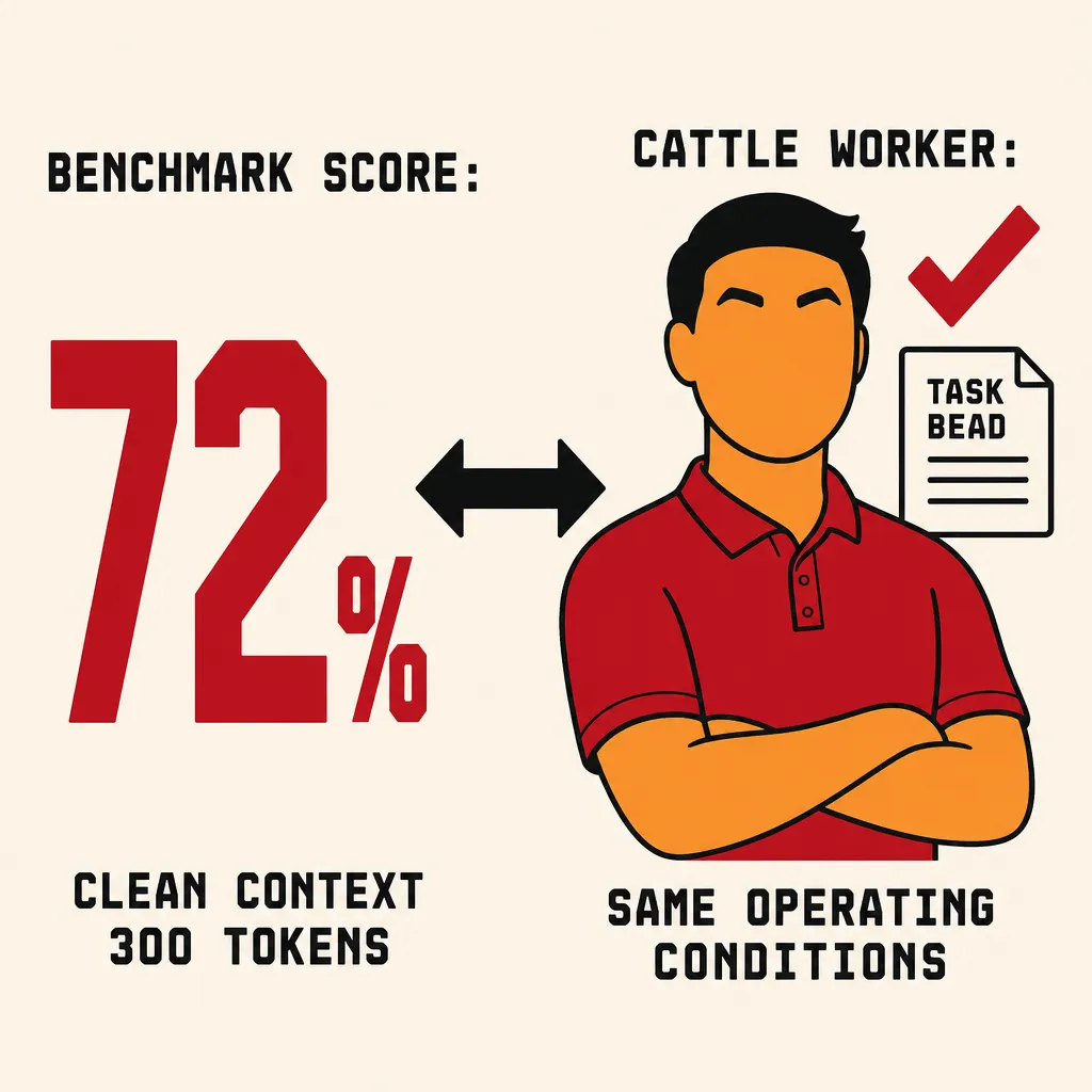 Flat illustration in the same bold graphic style as the rest of the site: warm cream background, bold black outlines, deep red and warm orange palette. Two columns. Left labeled BENCHMARK SCORE: a large bold 72% in crimson red, with a label below reading CLEAN CONTEXT 300 TOKENS. Right labeled CATTLE WORKER: a worker figure (short black hair, crimson red polo, orange skin, closed serene eyes) with a small TASK BEAD document icon and a checkmark. A bold double-headed arrow between the two columns. Label below reads SAME OPERATING CONDITIONS.