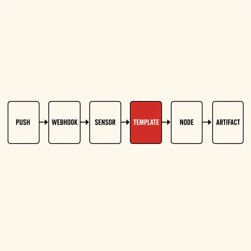 Flat illustration in the same style as the site logo: warm cream background, bold black outlines, limited red and orange palette. A horizontal flow diagram of six identical boxes connected by arrows in sequence, labeled in order PUSH, WEBHOOK, SENSOR, TEMPLATE, NODE, ARTIFACT. The fourth box, TEMPLATE, is filled solid crimson red as the single accent step in an otherwise outline-only sequence.