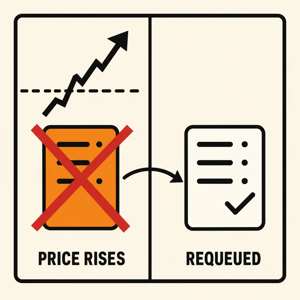 Flat illustration in the same style as the site logo: warm cream background, bold black outlines, limited red and orange palette. Two square panels divided by a vertical black line. The left panel shows a server node icon with a bold crimson red X stamped over it beneath a jagged rising price line, captioned PRICE RISES. The right panel shows an identical node icon, calm and outlined in black with a small checkmark, with a curved arrow looping in from the left panel, captioned REQUEUED.