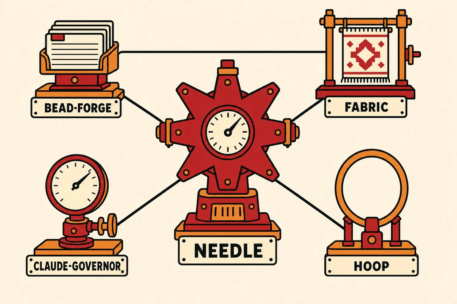 Flat illustration in the site's avatar-logo style: a constellation diagram on cream. At the center, a needle-dial gauge set in a deep red star labeled NEEDLE, connected by thin black lines to four machine totems — a tray of queued cards labeled BEAD-FORGE, a loom labeled FABRIC, a pressure gauge labeled CLAUDE-GOVERNOR, and an upright ring labeled HOOP — with one extra line joining BEAD-FORGE and FABRIC.