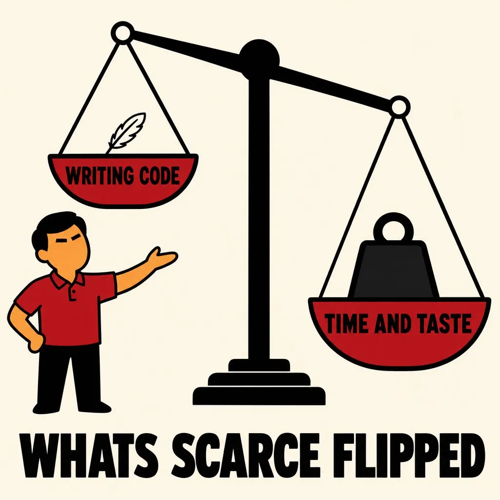 Flat illustration in the same flat avatar logo style as the rest of the site: warm cream background, bold black outlines, deep red and warm orange palette. A large balance scale. The left pan, labeled WRITING CODE, holds a single tiny feather and floats high because it is light and cheap. The right pan, labeled TIME AND TASTE, holds a heavy black weight and sinks low because it is expensive and scarce. An operator avatar stands beside the scale gesturing at it. A caption reads WHATS SCARCE FLIPPED.