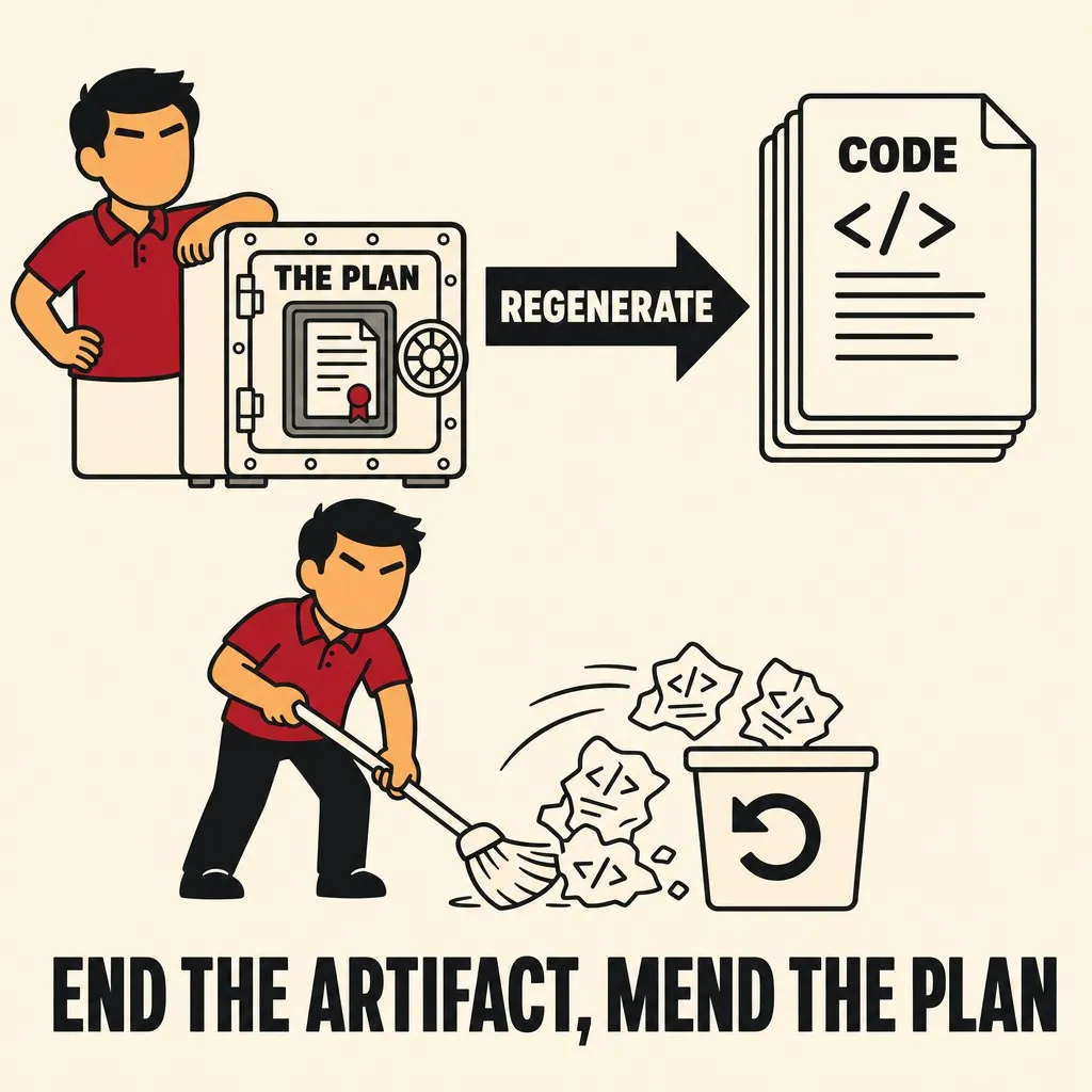 Flat illustration in the same flat avatar logo style as the rest of the site: warm cream background, bold black outlines, deep red and warm orange palette. On the left, a small valuable document inside a protective vault box labeled THE PLAN, drawn to look kept and durable. A bold black arrow labeled REGENERATE points right to a fresh clean stack of code pages labeled CODE. In the lower area, a crumpled wrong version of the code is being swept into a bin marked with a circular undo arrow, showing the code is disposable while the plan is kept safe. A caption reads END THE ARTIFACT, MEND THE PLAN.