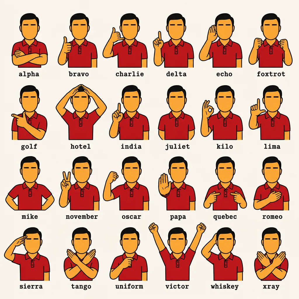 Flat illustration in the same style as the site logo: warm cream background, bold black outlines, limited red and orange palette. A grid of 24 identical worker figures arranged in 4 rows of 6, each labeled with a NATO phonetic call sign (alpha, bravo, charlie, delta, echo, foxtrot, golf, hotel, india, juliet, kilo, lima, mike, november, oscar, papa, quebec, romeo, sierra, tango, uniform, victor, whiskey, xray). Every figure deliberately identical — same short black hair, same red polo, same closed serene eyes — emphasizing anonymity, fungibility, and parallel scale.