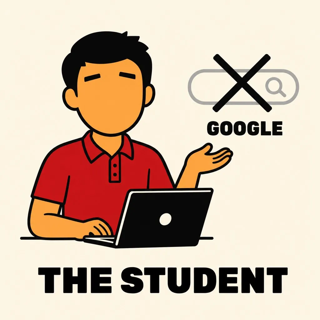 Flat illustration in the site's avatar-logo style — warm cream background, bold black outlines, deep red and warm orange palette. An avatar at a laptop with a crossed-out magnifying-glass search bar.