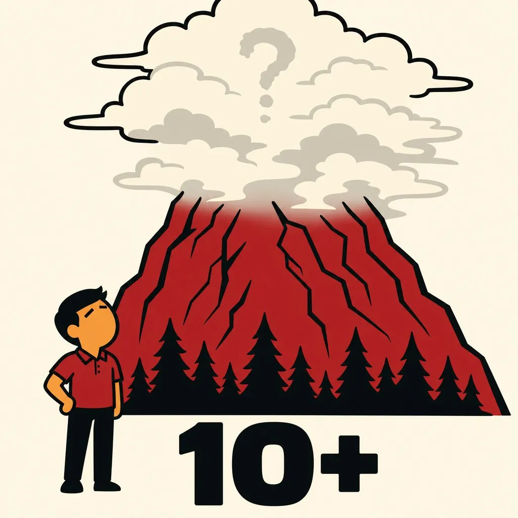 Flat illustration in the site's avatar-logo style. A mountain summit dissolving into fog, a small avatar at the tree line looking up at the invisible next ledge, a question mark fading into cloud.