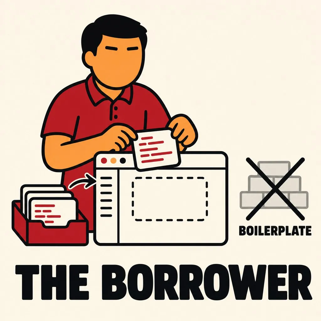Flat illustration in the site's avatar-logo style. An avatar moving a code snippet by hand into an editor, with a crossed-out stack of bricks labelled boilerplate.