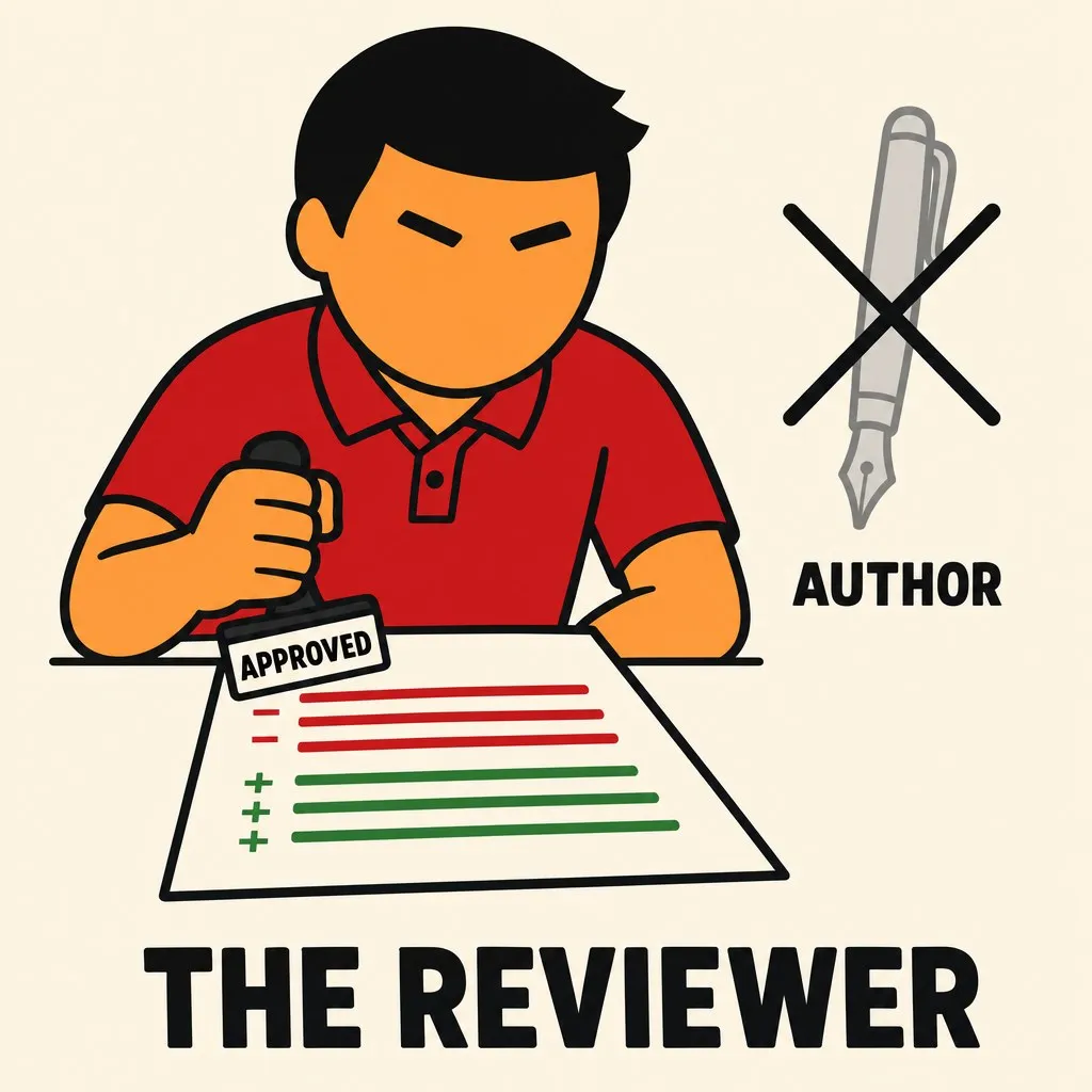 Flat illustration in the site's avatar-logo style. An avatar stamping approval on a red/green diff, with a crossed-out author's pen.