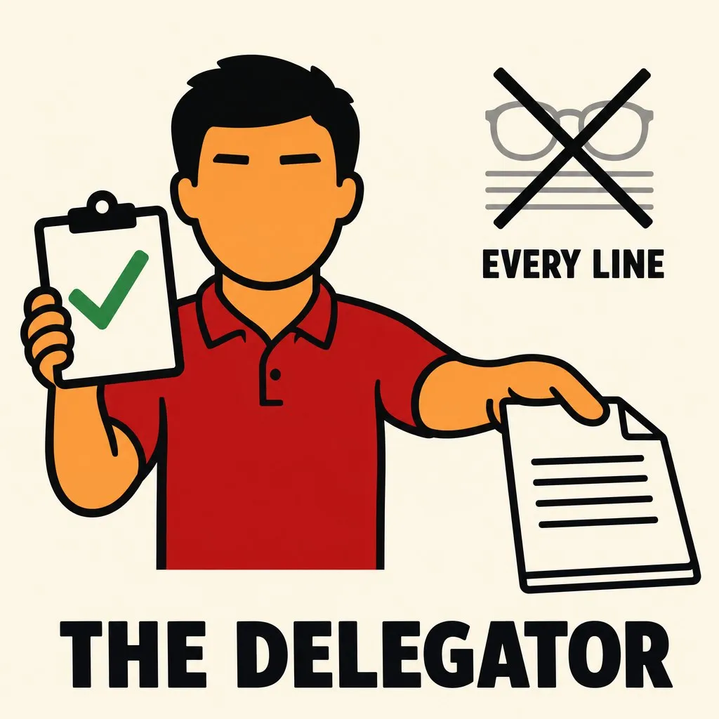 Flat illustration in the site's avatar-logo style. An avatar handing off a whole file and holding a passing test-tick, with crossed-out reading glasses over lines of code.