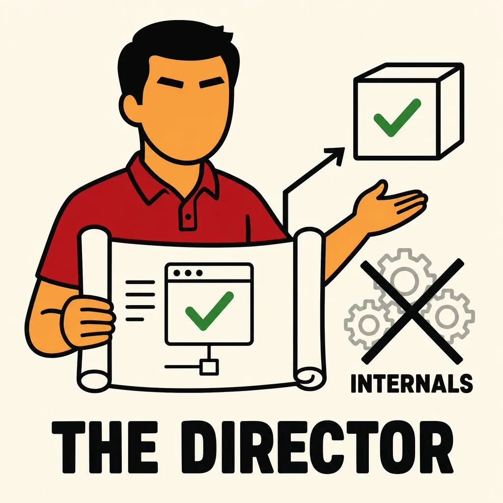 Flat illustration in the site's avatar-logo style. An avatar holding a blueprint beside a running app with a green check, with crossed-out gears representing the internals.
