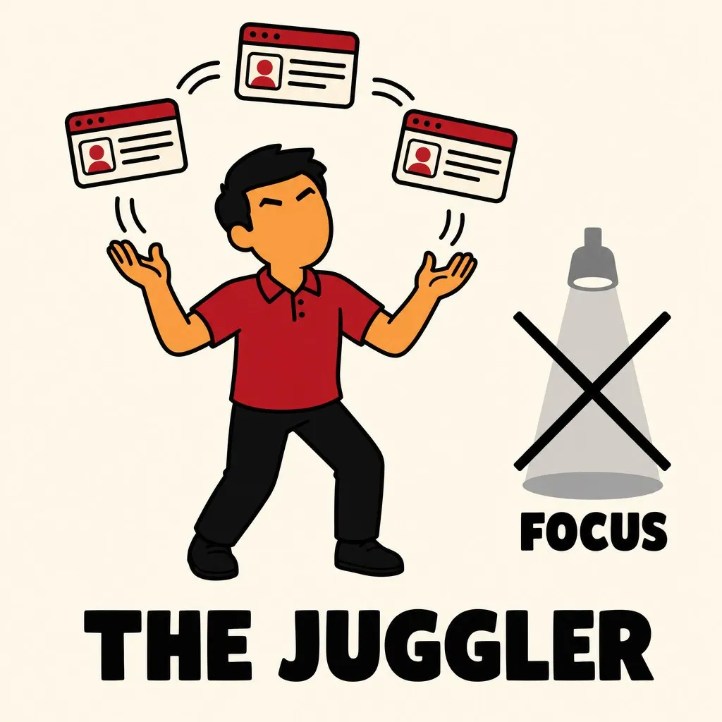 Flat illustration in the site's avatar-logo style. An avatar juggling three floating session windows, with a crossed-out spotlight representing focus.