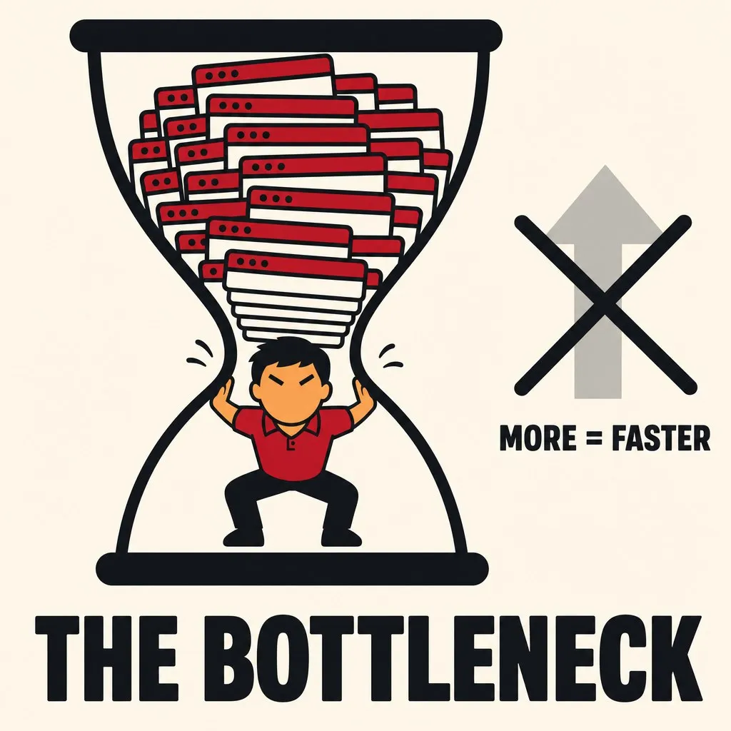 Flat illustration in the site's avatar-logo style. An avatar squeezed at the pinch of an hourglass under a backlog of stacked windows, with a crossed-out "more = faster" arrow.