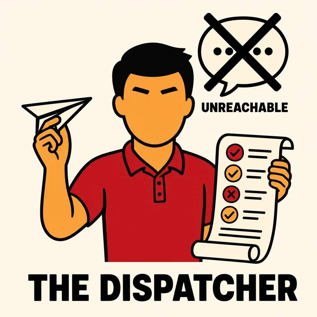 Flat illustration in the site's avatar-logo style. An avatar launching a paper-plane job and reading a log scroll, with a crossed-out speech bubble marked unreachable.