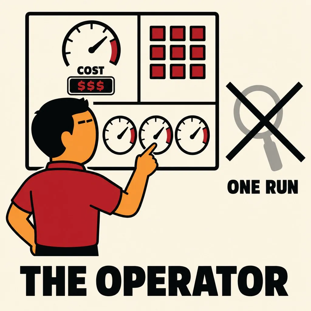 Flat illustration in the site's avatar-logo style. An avatar facing a wall of gauges, a cost meter and a herd grid, with a crossed-out magnifying glass marked one run.