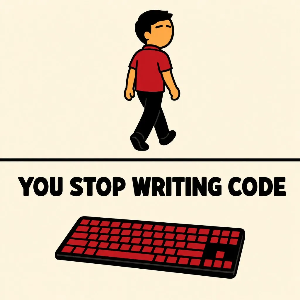 Flat illustration in the site's avatar-logo style. A keyboard laid down and abandoned beneath a dividing line; an avatar walks upward away from it. Caption: you stop writing code.
