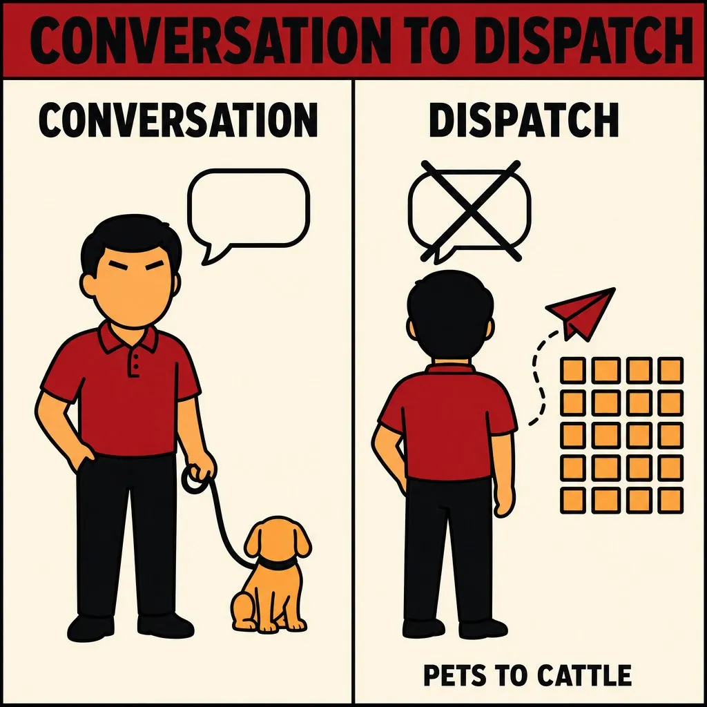 Flat illustration in the site's avatar-logo style. A two-panel image: left, an avatar with a speech bubble and a pet on a leash; right, the same avatar with a crossed-out speech bubble and a paper-plane flying to a grid of squares. Caption: conversation to dispatch, pets to cattle.