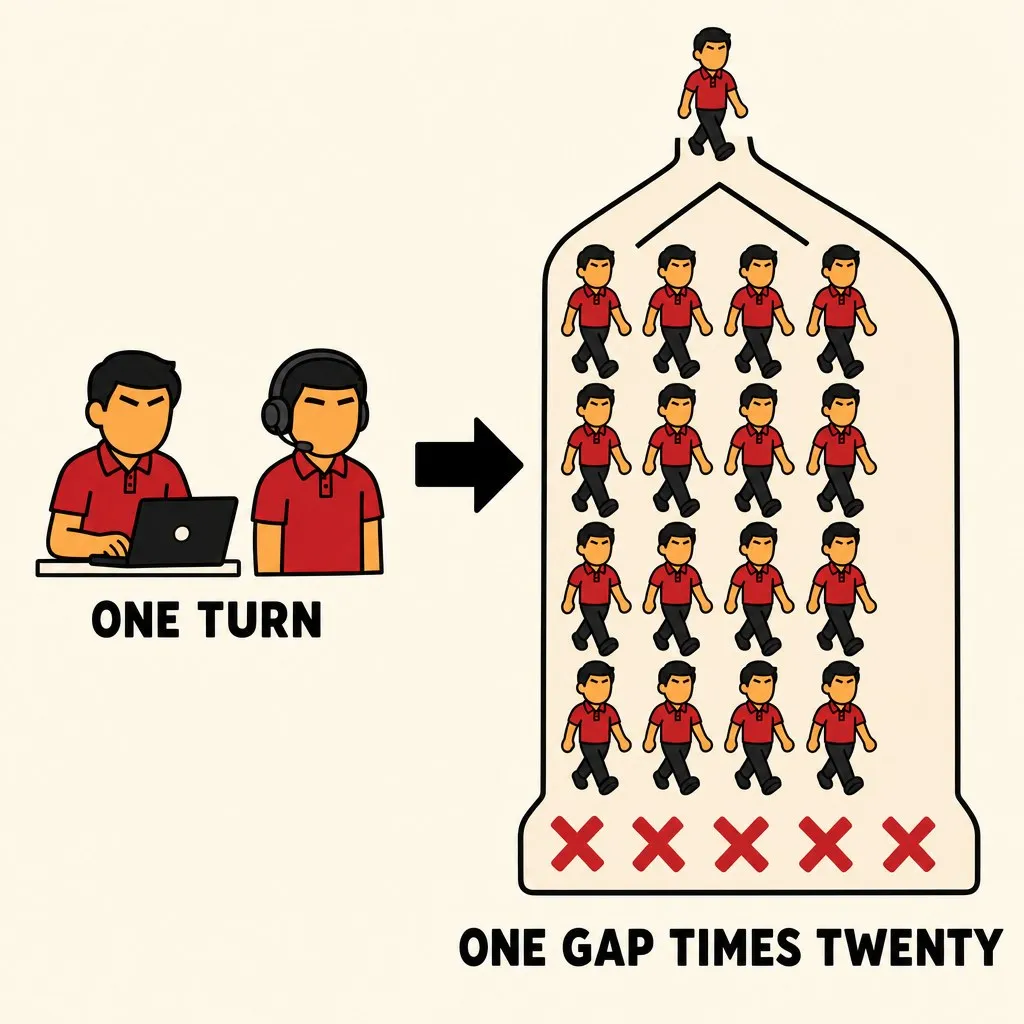 Flat illustration in the same flat avatar logo style as the rest of the site: warm cream background, bold black outlines, deep red and warm orange palette. On the left, small, a single operator avatar stands beside a single agent avatar under a caption ONE TURN. A bold black arrow points right to a tidy grid of about twenty identical agent avatars arranged in rows, all walking down the same single forked path that ends in red X marks. A caption reads ONE GAP TIMES TWENTY. The same ambiguity that costs one turn interactively costs a multiplied number of failed runs across a fleet.