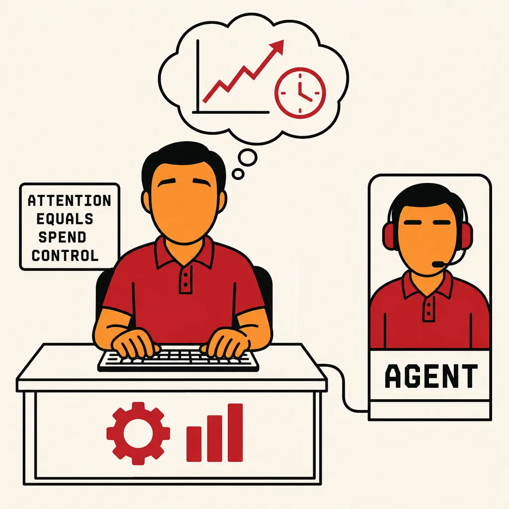 Flat illustration in the same flat avatar logo style as the rest of the site: warm cream background, bold black outlines, deep red and warm orange palette. A single operator figure with short black hair, deep red polo, warm orange skin, eyes wide open and alert, seated at a desk with both hands on a keyboard. Above the operator a thought bubble contains a rising line graph with a small clock icon. To the operator right, a single agent figure with closed serene eyes is connected to the desk by a thin black wire. A small handwritten label near the operator reads ATTENTION EQUALS SPEND CONTROL.