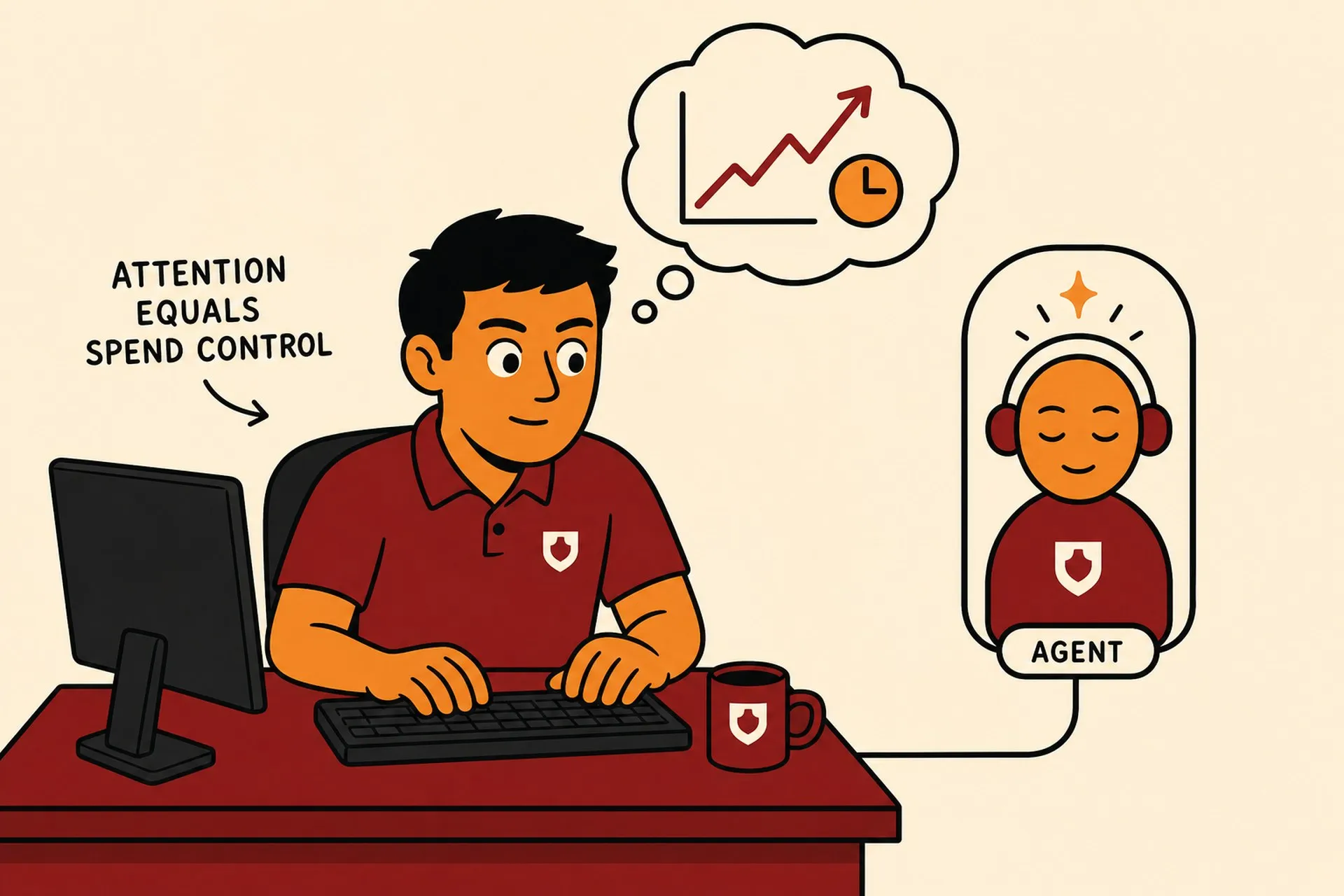 Flat illustration in the same flat avatar logo style as the rest of the site: warm cream background, bold black outlines, deep red and warm orange palette. A single operator figure with short black hair, deep red polo, warm orange skin, eyes wide open and alert, seated at a desk with both hands on a keyboard. Above the operator a thought bubble contains a rising line graph with a small clock icon. To the operator right, a single agent figure with closed serene eyes is connected to the desk by a thin black wire. A small handwritten label near the operator reads ATTENTION EQUALS SPEND CONTROL.