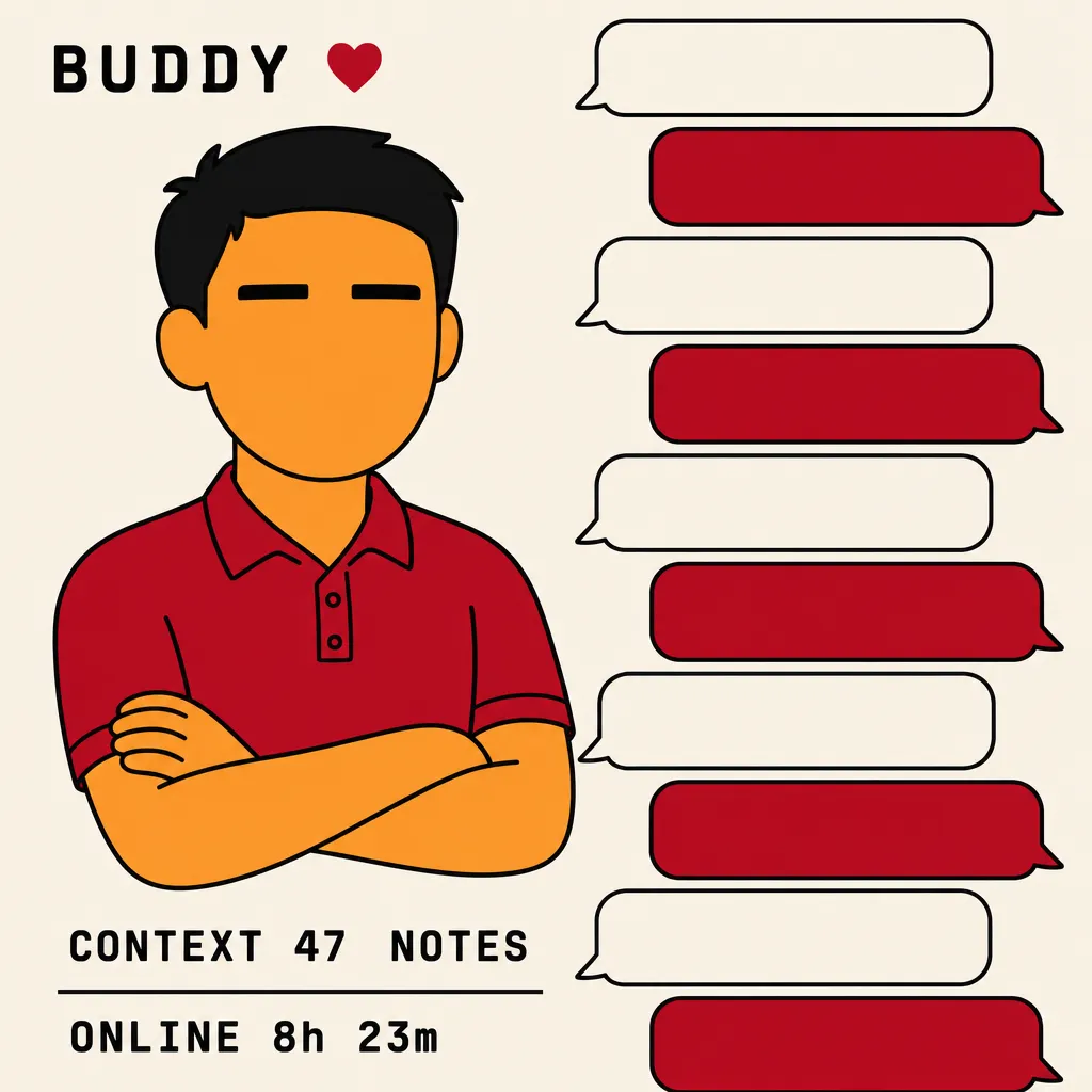 Flat illustration in the same style as the site logo: warm cream background, bold black outlines, limited red and orange palette. A single named worker figure labeled BUDDY, with short black hair, deep red polo, warm orange skin, closed serene eyes, and a heart icon. Beside the figure runs a long vertical column of chat bubbles representing accumulated back-and-forth conversation. Below the figure: text reading CONTEXT 47 NOTES and ONLINE 8h 23m. The composition emphasizes one named, cherished agent attended to with care.