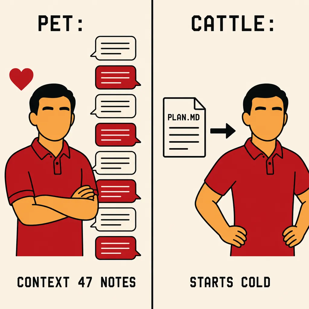 Flat illustration in the same bold graphic style as the rest of the site: warm cream background, bold black outlines, deep red and warm orange palette. Two panels divided by a bold vertical black line. Left panel labeled PET: one worker figure with short black hair, crimson red polo, orange skin, closed eyes, a small red heart beside it, with a tall column of alternating cream and crimson red chat bubbles representing accumulated conversation. Label below reads CONTEXT 47 NOTES. Right panel labeled CATTLE: one identical worker figure with a small PLAN.MD document icon and a bold arrow pointing from document to worker. Label below reads STARTS COLD.