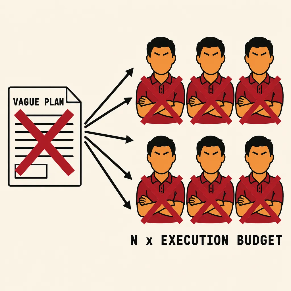 Flat illustration in the same bold graphic style as the rest of the site: warm cream background, bold black outlines, deep red and warm orange palette. Left side: a document icon labeled VAGUE PLAN with a large bold crimson red X over it. Six bold arrows fan rightward from the document to six identical worker figures in two rows of three, each with a bold red X mark stamped over them indicating failure. Workers have short black hair, crimson red polo, warm orange skin, closed eyes. Below the grid of failed workers a label reads N x EXECUTION BUDGET.