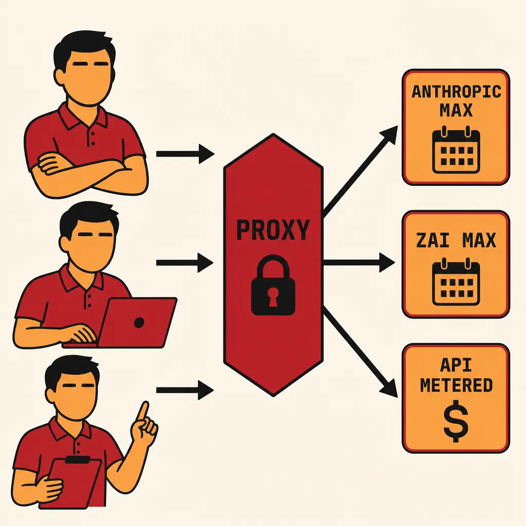 Flat illustration in the same flat avatar logo style as the rest of the site: warm cream background, bold black outlines, deep red and warm orange palette. Three identical worker figures on the left with short black hair, red polo, warm orange skin, closed serene eyes, each with an arrow pointing right into a single tall hexagonal node labeled PROXY in chunky monospace, with a small black lock icon inside the hexagon. From the right side of the hexagon, three separate arrows fan out to three labeled rounded rectangle tiles: ANTHROPIC MAX with a small calendar icon, ZAI MAX with a small calendar icon, and API METERED with a small dollar sign icon.