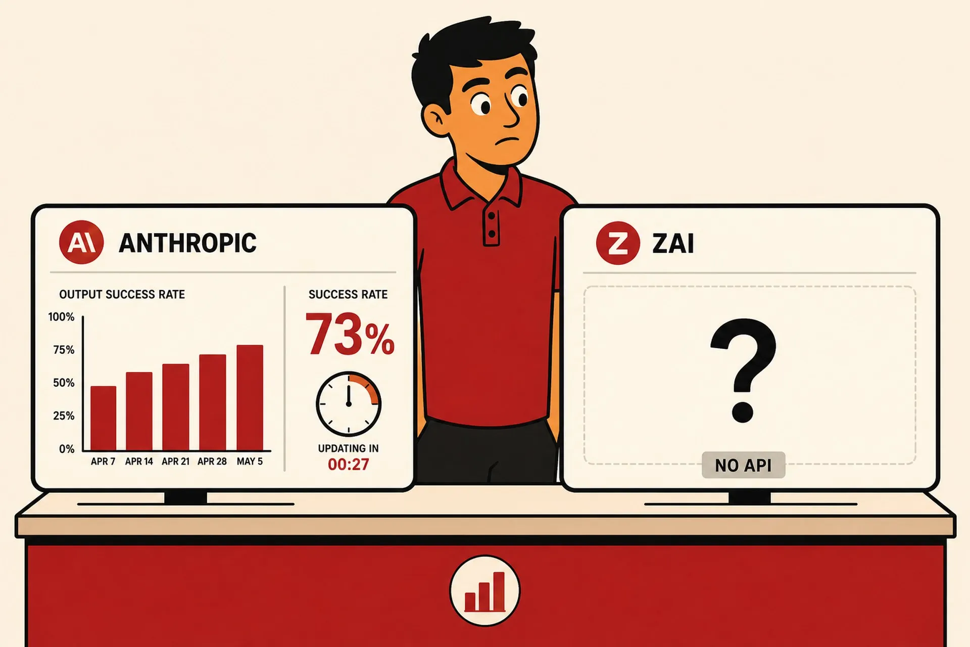 Flat illustration in the same flat avatar logo style as the rest of the site: warm cream background, bold black outlines, deep red and warm orange palette. Two side-by-side dashboard panels mounted on a black-outlined desk surface. Left panel labeled ANTHROPIC shows a clear bar chart with labeled axes, a large percentage readout reading 73% and a small clock icon counting down. Right panel labeled ZAI is mostly empty with a single large black question mark in the center, no bars, no numbers, just a faint light gray frame and a small label below reading NO API. A single operator figure with short black hair, red polo, warm orange skin, eyes open, stands behind the desk looking at the right panel with eyebrows raised, hands at sides.