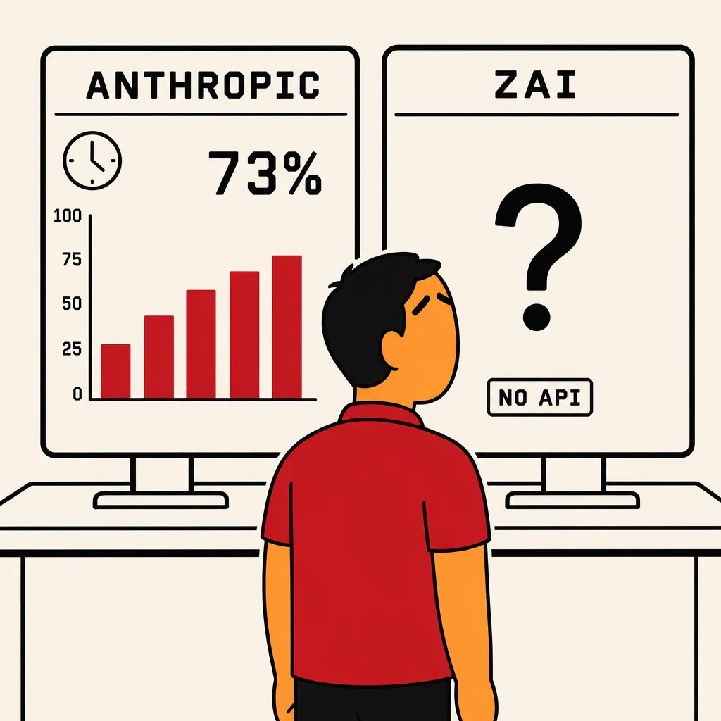 Flat illustration in the same flat avatar logo style as the rest of the site: warm cream background, bold black outlines, deep red and warm orange palette. Two side-by-side dashboard panels mounted on a black-outlined desk surface. Left panel labeled ANTHROPIC shows a clear bar chart with labeled axes, a large percentage readout reading 73% and a small clock icon counting down. Right panel labeled ZAI is mostly empty with a single large black question mark in the center, no bars, no numbers, just a faint light gray frame and a small label below reading NO API. A single operator figure with short black hair, red polo, warm orange skin, eyes open, stands behind the desk looking at the right panel with eyebrows raised, hands at sides.