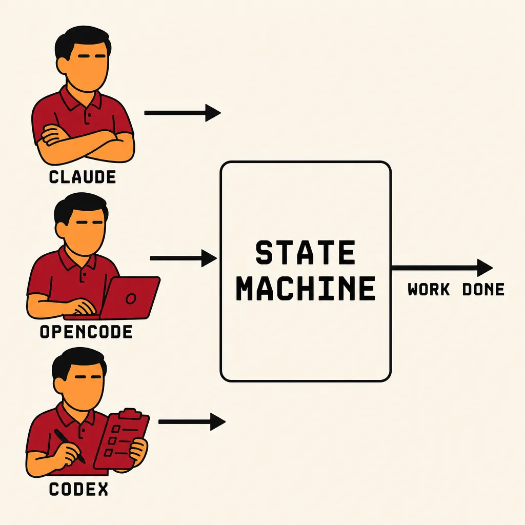 Flat illustration in the same flat avatar logo style: warm cream background, bold black outlines, red and orange palette. A central labeled box reads STATE MACHINE in chunky monospace. Three identical small worker figures (short black hair, red polo, warm orange skin, closed serene eyes) plug into the box from the left via arrows, each labeled with an agent name: CLAUDE, OPENCODE, CODEX. A single arrow exits the right side labeled WORK DONE. The figures are interchangeable; the contract is the box.