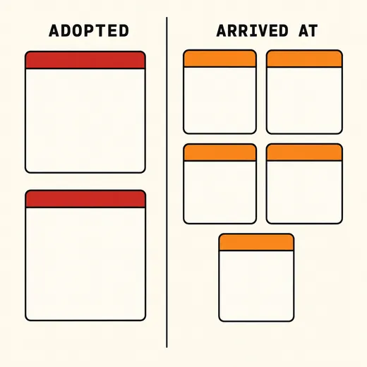 A provenance map: two large cards under the heading ADOPTED on the left, and five smaller cards under the heading ARRIVED AT on the right, separated by a dividing line.