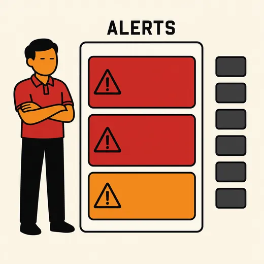 An operator standing with folded arms beside a panel holding three warning rows, next to a column of six small grey blocks carrying no marks.