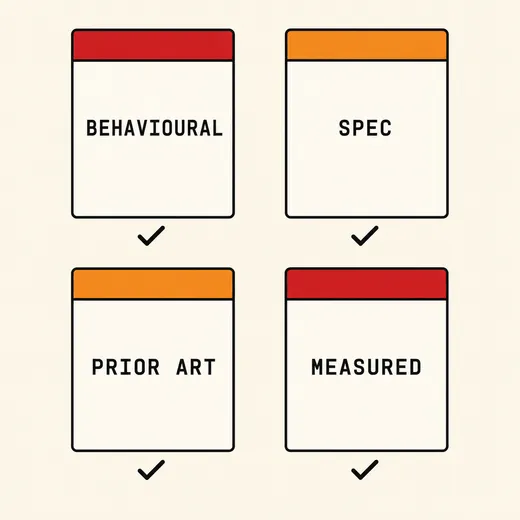 Four document cards in a two-by-two grid, labelled BEHAVIOURAL, SPEC, PRIOR ART and MEASURED, each with a check mark beneath it.