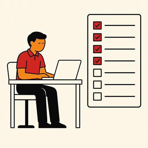 One person at a single laptop beside a checklist card, its upper items checked off in red and its lower items still empty.